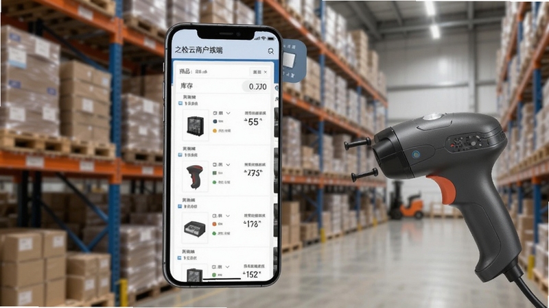 之检云商户端商品管理界面,手机屏幕显示商品列表和库存数字,背景为仓库货架虚化,画面主体手机屏幕特写,右侧有扫码枪道具,工业风格,光线均匀