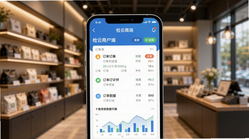 一张智能手机屏幕展示之检云商户端主界面,背景是模糊的现代商铺内景,货架商品整齐,暖色灯光,界面显示订单列表和数据图表,画面主体为手机屏幕特写,背景区域占二分之一,风格写实,明亮清晰