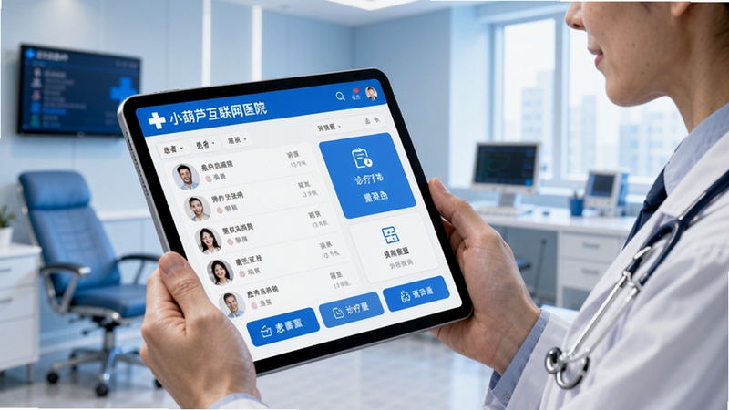 小葫芦互联网医院-医生端APP主界面展示,医生手持平板正在查看患者病历,背景为现代化诊室环境,界面清晰显示患者列表与诊疗功能按钮,整体色调以蓝色和白色为主,科技感与专业感并存。