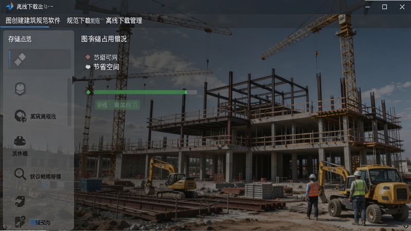 图创建筑规范软件离线下载管理界面,显示已下载规范和存储占用情况,背景为施工现场或建筑工地,画面突出离线可用和节省空间的特性