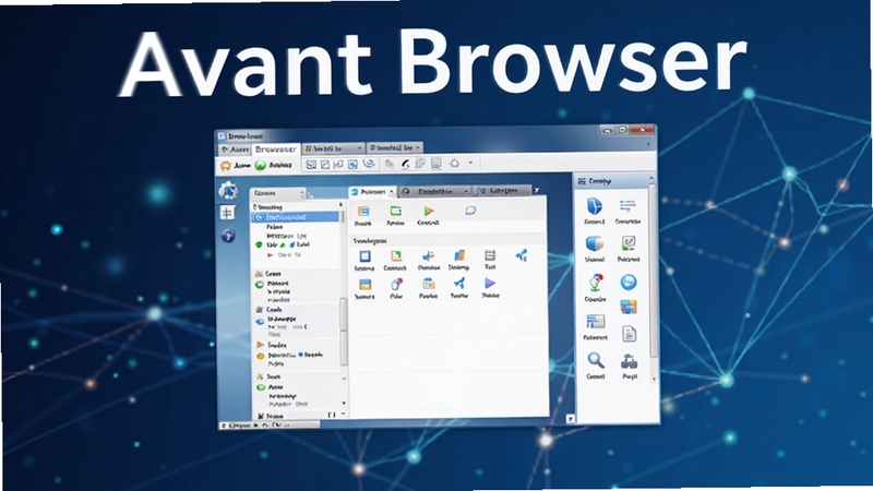 创作一幅数字艺术风格的产品预览图,核心主体是Avant Browser软件界面,画面中央展示其多标签页管理界面和内置的实用小工具侧边栏,背景使用深蓝色科技感渐变,并点缀有抽象的光点与网络线条,体现其高速、稳定的核心特点,整体构图需突出软件名称Avant Browser。