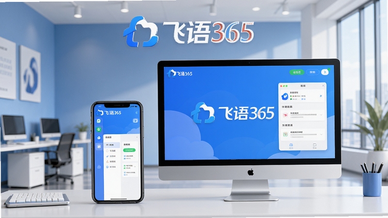 飞语365主界面预览图,展示软件在手机和电脑上的界面布局,背景为现代简约办公室环境,色调以蓝色和白色为主,画面清晰明亮,突出软件名称“飞语365”的Logo,整体风格专业且友好,符合Boogu模型生图规范