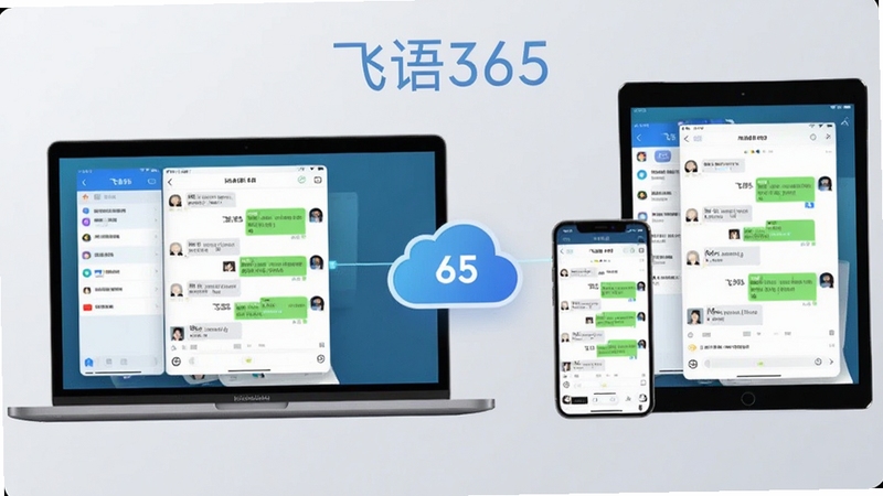 飞语365多端同步功能展示图,画面左侧是笔记本电脑,右侧是智能手机和平板电脑,三台设备屏幕均显示相同的聊天界面,中间有云朵图标连接,背景为浅灰色渐变,整体色调科技感强,突出“飞语365”的跨平台特性,构图平衡,适合Boogu模型生成