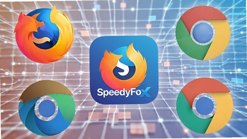 SpeedyFox多浏览器支持展示图,画面中央是SpeedyFox软件图标,周围环绕着Firefox、Chrome、Edge等浏览器Logo,背景为网格状科技元素,色调明亮