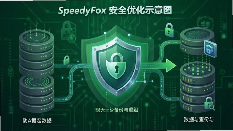 SpeedyFox安全优化示意图,画面显示数据库备份与重组的过程,有盾牌图标保护浏览器数据,背景为绿色安全风格,细节丰富