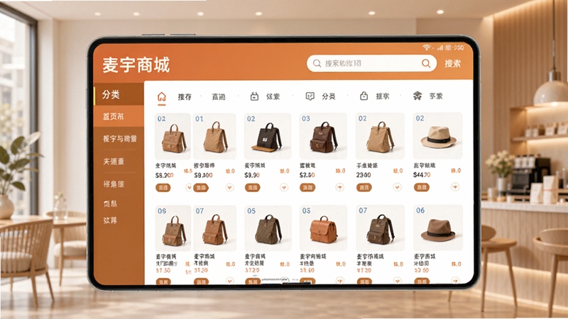 麦宇商城购物软件主界面预览图,展示首页商品推荐、分类导航、搜索栏等核心界面元素,画面以暖色调为主,商品展示清晰,背景为简洁的现代风格,整体给人舒适、便捷的购物氛围