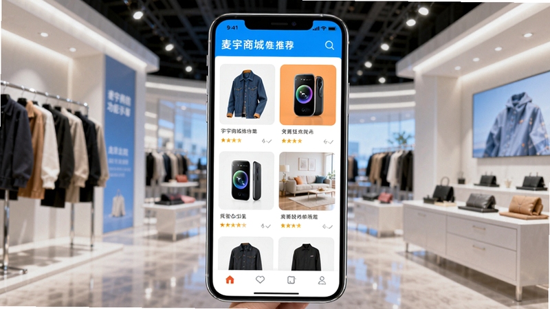 麦宇商城智能推荐功能示意图,展示手机屏幕中商品瀑布流推荐界面,包含服饰、数码、家居等商品图片,界面色彩鲜明,背景为现代化的购物场景,突出个性化推荐体验