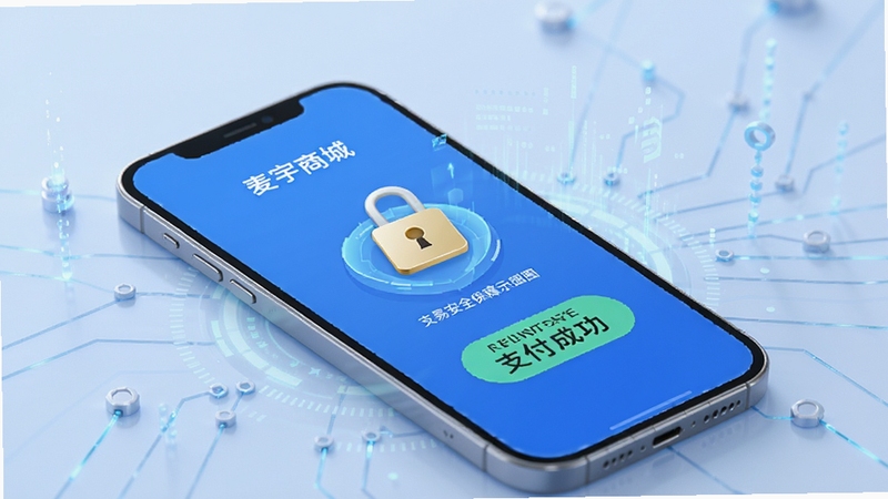 麦宇商城支付安全保障示意图,展示手机支付成功页面,带有安全锁图标和支付成功标识,背景为淡蓝色科技感元素,整体风格简洁专业,强调交易安全性