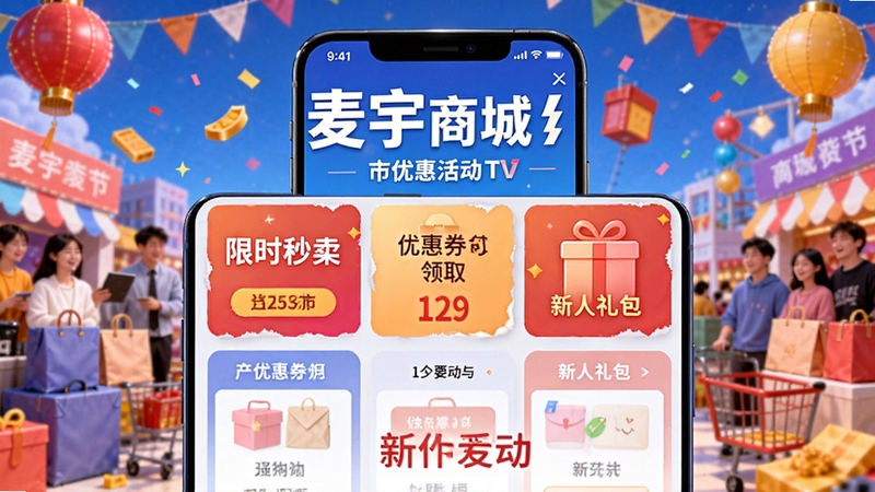麦宇商城优惠活动界面示意图,展示手机端活动页面,包含限时秒杀、优惠券领取、新人礼包等模块,色彩鲜艳,促销氛围浓厚,背景为购物节场景,吸引用户参与