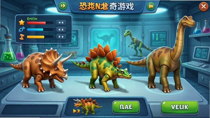 恐龙传奇游戏中的恐龙图鉴界面,展示多只不同种类的恐龙3D模型,包括三角龙、剑龙和腕龙,背景为科学实验室风格,屏幕上有属性面板和进化按钮,UI设计精致,色彩鲜艳