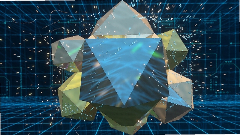 Adobe Shockwave Player 3D渲染效果展示图,画面中展示一个由多面体构成的3D场景,带有光影反射和动态粒子效果,背景为科技感十足的蓝色网格,整体色调明亮,突出渲染引擎的高性能