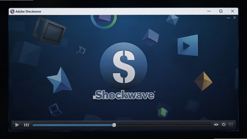 Adobe Shockwave Player 主界面预览图,显示一个现代风格的播放器窗口,背景为深蓝色渐变,中央有Shockwave图标和3D几何图形,画面整体简洁专业,突出软件的品牌感和多媒体特性