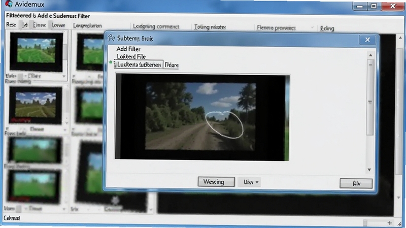 Avidemux 字幕设置界面,显示添加字幕滤镜和加载字幕文件,背景为软件滤镜面板,突出字幕嵌入功能,软件名称在标题栏可见