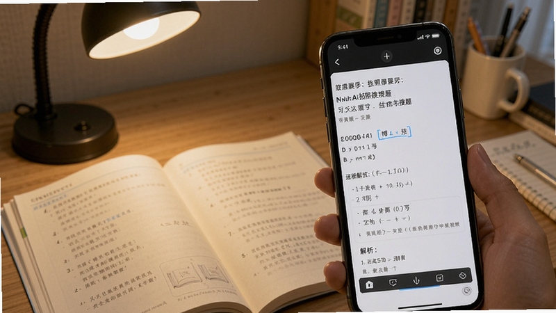 小黑板AI拍照搜题功能展示,画面中手机对准一本打开的习题册,屏幕显示识别出的题目与解析结果,背景为书桌与台灯,营造真实学习氛围,博古模型生成。