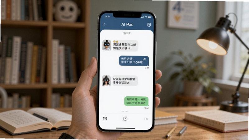小黑板AI智能对话功能演示图,画面中手机屏幕显示与AI的问答交互界面,背景是书架与学习场景,突出知识解答的实用性,博古模型生成。