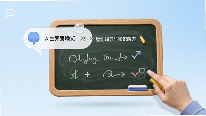 小黑板AI主界面预览图,展示其简洁的学习辅助功能面板,背景为淡蓝色渐变,前景中央是对话框与虚拟黑板元素,整体风格现代明亮,突出智能辅导与知识解答的核心场景,博古模型生成。