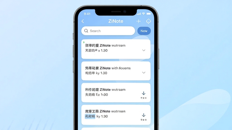 ZiNote主界面展示,手机屏幕中央显示笔记列表,背景为淡蓝色渐变,笔记卡片排列整齐,上方有搜索栏和新建按钮,画面简洁明亮,突出软件品牌名称ZiNote,整体风格现代简约,符合效率工具定位,适合应用商店宣传图风格