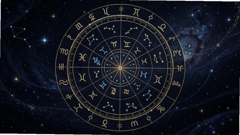 星座星盘应用主界面预览图,画面中央呈现一个圆形星盘图表,背景为深邃星空,周围环绕十二星座符号,整体色调深蓝与金色搭配,科技感与神秘感并存,比例16:9,高清渲染