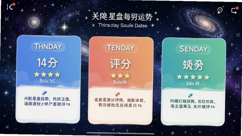 星座星盘每日运势界面,显示当日运势评分与关键提示,采用卡片式布局,色彩清新,背景为星空动态效果,突出运势主题,画面生动吸引