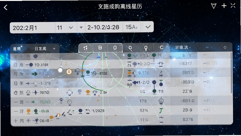 星座星盘离线星历界面,显示日期选择器与行星位置表格,界面简洁明了,背景为深色星空,突出数据可读性,适合离线使用场景