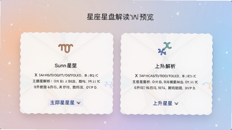 星座星盘解读页面预览,展示太阳星座与上升星座的解析卡片,文字排版清晰,配以星座符号图标,背景为柔和的渐变色,整体视觉舒适,强调信息可读性