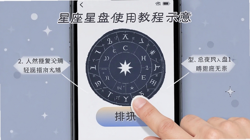 星座星盘使用教程示意图,展示手指点击排盘按钮的操作步骤,配以文字说明,背景为手机界面截图,风格简洁明了,强调用户友好
