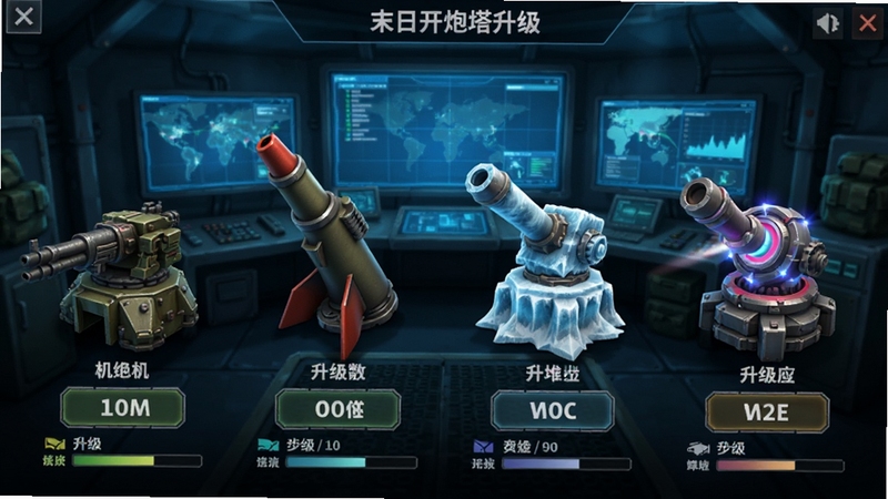 向末日开炮炮塔升级界面,展示四种不同炮塔(机枪、火箭、冰冻、电磁)的3D模型,每个炮塔下方有升级按钮和属性条,背景是军事指挥室,屏幕亮着蓝光,UI清晰,写实游戏风格