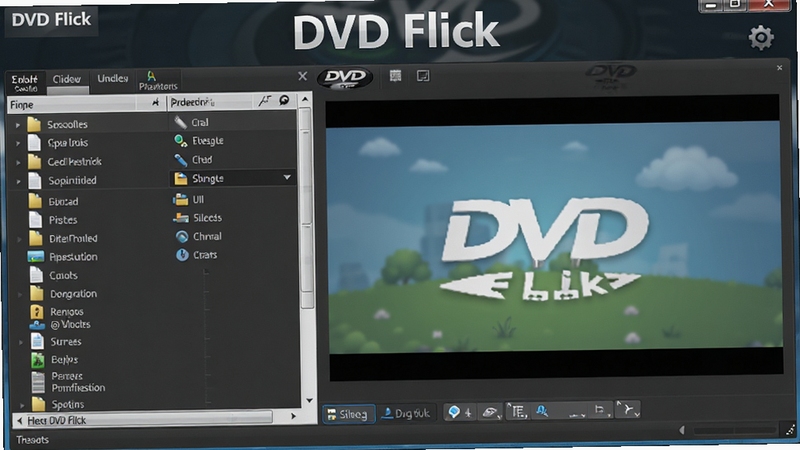 高清视频编辑软件DVD Flick主界面,左侧文件列表,右侧预览窗口,背景为深色工作台,整体风格简洁明亮,软件名称DVD Flick显示在界面顶部,画面细节丰富,适合软件介绍图