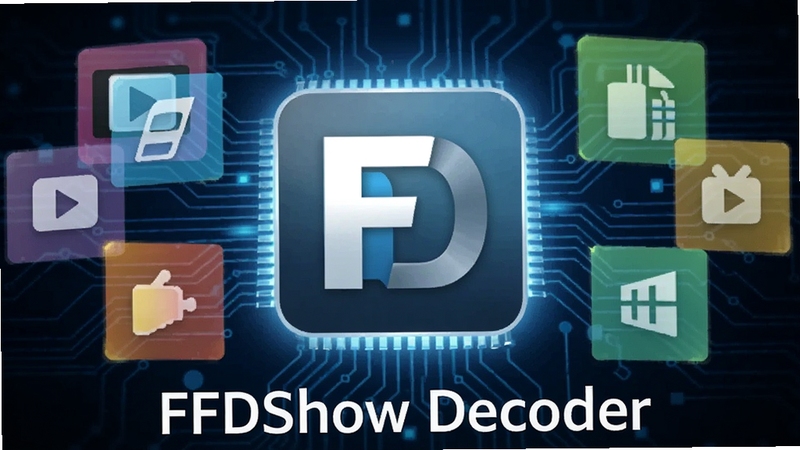 一幅数字艺术风格的宽幅预览图,画面中央是FFDShow Decoder的软件图标,背景为深蓝色科技感电路板纹理,图标周围环绕着代表多种视频格式的彩色半透明方块,整体光线明亮,突出解码器的核心地位,画面下方有“FFDShow Decoder”字样,用于软件介绍页头图