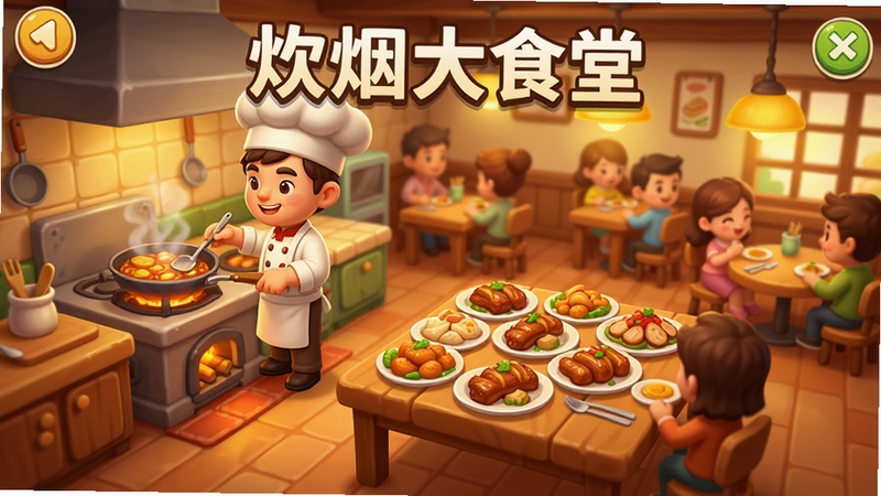 ���̴�ʳ����Ϸ����ͼ��չʾ��Ϸ�����棬��ܰ�Ŀ�ͨ���Сʳ���ھ���һλ��ʦ��ɫ������̨ǰ��⿣������ϰ�����ʽ��ζ���ȣ�������ů��ɫ�ĵƹ�����ֵ��òͷ�Χ����������������ϸ�ڷḻ��ͻ����Ϸģ�⾭Ӫ����ʳ����