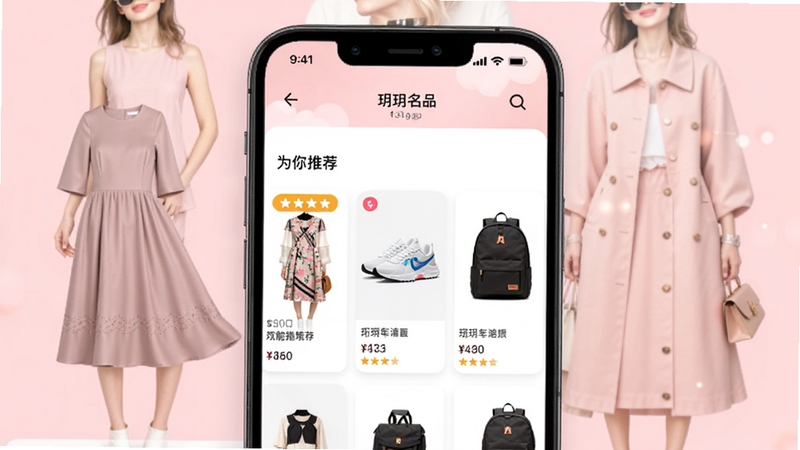 名品App的智能推荐功能界面截图预览图,画面中央是一部手机,屏幕上展示“为你推荐”板块,下方排列着连衣裙、运动鞋、背包等商品卡片,每张卡片带有价格和评分标签,背景是淡粉色的时尚背景,整体画风明亮清晰,突出智能推荐场景。