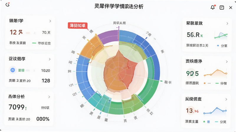 灵犀伴学学情雷达分析界面,展示彩色环形知识图谱,红色标注薄弱知识点,周围有数据统计卡片,背景清爽白底