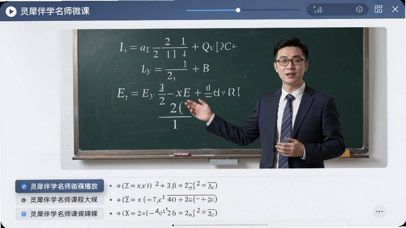 灵犀伴学名师微课播放界面,视频画面为教师讲解数学公式,下方有课程大纲列表,界面风格专业且舒适