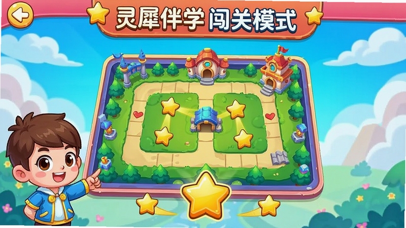 灵犀伴学闯关模式界面,展示关卡地图和星星奖励,界面色彩鲜艳,有卡通角色引导,背景为游戏风格
