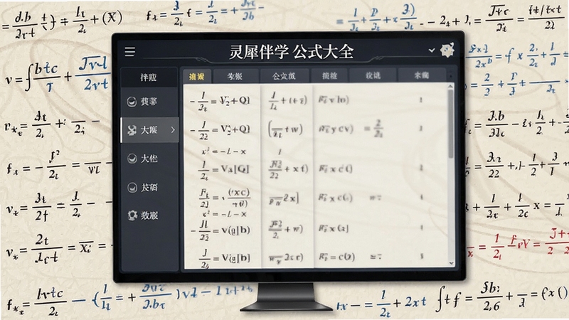 灵犀伴学公式大全界面,展示数学公式列表,背景为公式手写体风格,界面学术感强