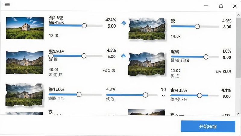 迅捷图片压缩批量处理操作截图,显示多张图片列表,每张图片旁有压缩进度条与体积数字,底部为“开始压缩”按钮,背景为干净的纯白工作界面,整体风格专业且信息层次分明