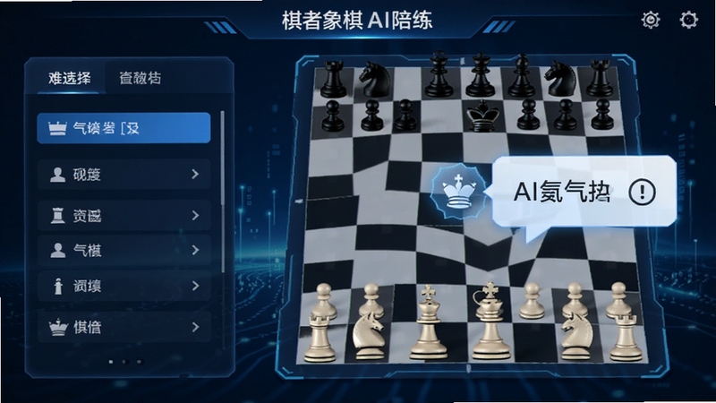 棋者象棋AI陪练功能界面,展示难度选择列表和棋盘,AI提示气泡,背景为科技感蓝调