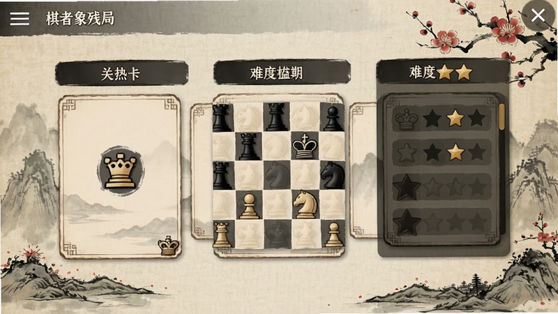棋者象棋残局列表界面,显示关卡卡片和难度星级,背景为古典风格