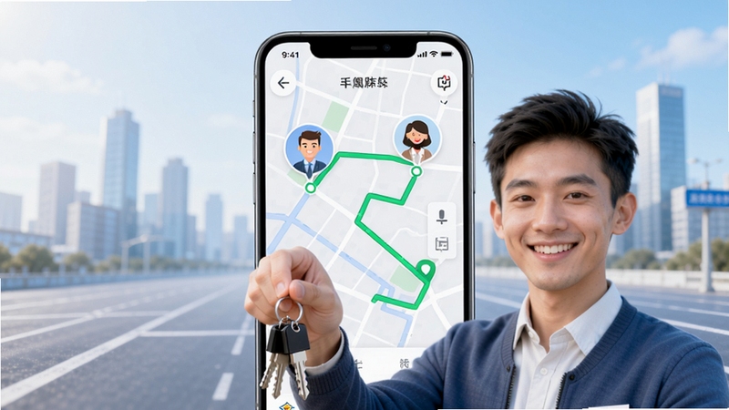 Create an app promotional banner for Shunfeng Pinche Chuxing Chezhu, featuring a smartphone in the center displaying a clean map interface with a green route line connecting two avatar icons, a smiling car owner holding keys in the foreground, background with soft city skyline and subtle road network, bright daylight, high detail, 4K quality