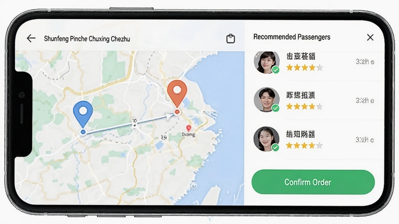 Show a mobile app interface screenshot of Shunfeng Pinche Chuxing Chezhu, displaying a route matching page with two location pins on a map, a list of recommended passengers with avatar and rating stars on the right side, a green confirm order button at the bottom, clean UI design, high fidelity mockup