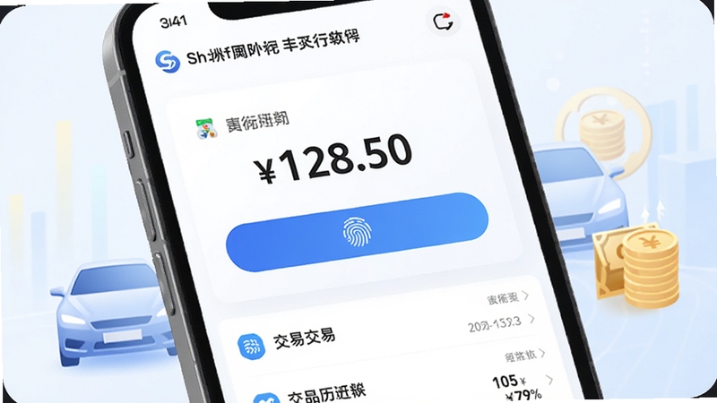 Illustrate the earnings settlement interface of Shunfeng Pinche Chuxing Chezhu, showing a balance summary card with a large number ¥128.50, a withdrawal button with fingerprint icon, transaction history list below, a car and money symbol in the background, modern fintech style, clean and bright