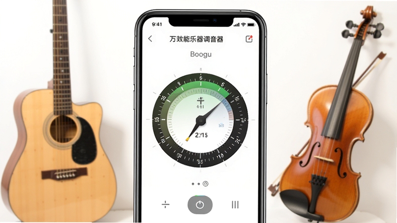 万能乐器调音器主界面展示,手机屏幕显示调音表盘,背景有吉他、小提琴等乐器,画面主体为应用界面,风格简洁明亮,适配Boogu模型生成