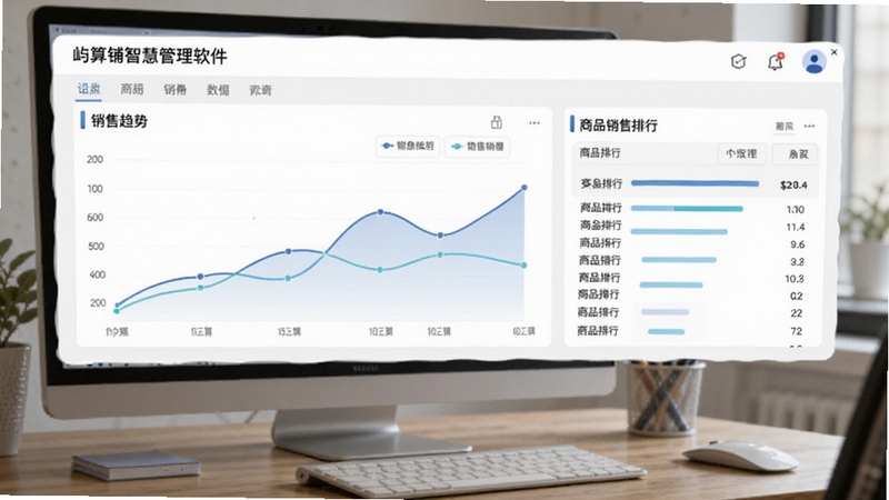 屿算店铺智慧管理软件数据报表页面截图,画面展示销售趋势折线图和商品销售排行,背景为办公桌面,突出数据分析能力,整体风格简约专业,Boogu模型生成