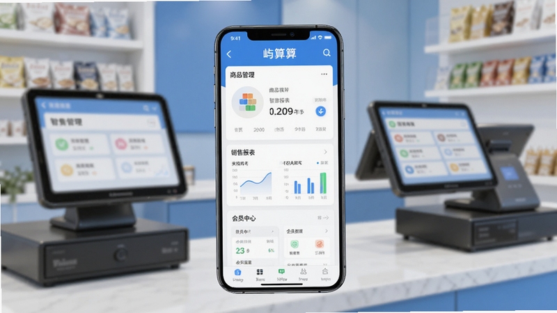 一张展示屿算店铺智慧管理软件核心界面的预览图,画面中央是一部智能手机,屏幕显示商品管理、销售报表、会员中心等模块,背景是模糊的现代店铺收银台,整体色调明亮清新,突出软件的专业与便捷,图片风格为高清产品截图风格,Boogu模型生成