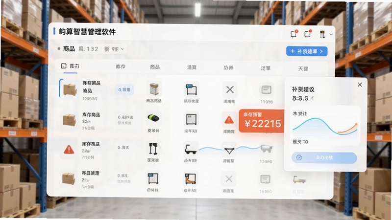 屿算店铺智慧管理软件库存管理模块界面预览图,画面展示商品列表、库存预警提示和补货建议弹窗,背景为仓库货架,整体风格简洁明亮,突出智能化和数据可视化特点,Boogu模型生成