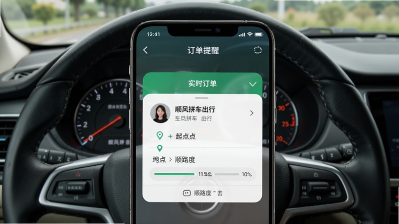 顺风拼车出行车主实时订单提醒功能演示图,手机屏幕弹出新订单卡片,显示乘客头像、起点终点与顺路度,背景为驾驶中的仪表盘,强调及时性与安全性。