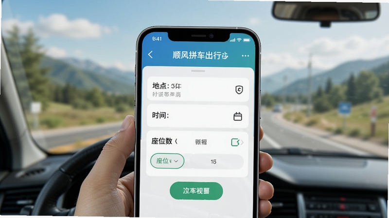 顺风拼车出行车主一键发布行程操作界面示意图,手机屏幕显示行程发布表单,包含地点、时间、座位数选项,背景为模糊的车窗外风景,突出操作简便。