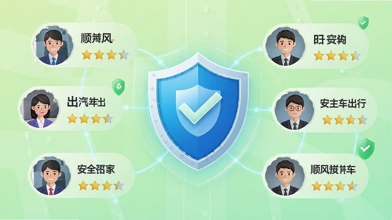 顺风拼车出行车主安全信用体系示意图,画面中央为盾牌图标,周围环绕头像与星级评分,背景为浅绿色渐变,传达安全可靠的理念。