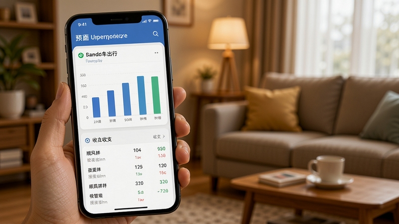 顺风拼车出行车主收益明细管理界面预览,手机屏幕显示柱状图与收支列表,背景为温馨的客厅一角,强调财务透明与便捷管理。