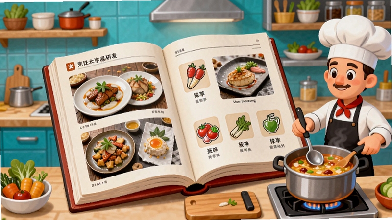 烹饪大亨菜品研发界面预览图,画面中央有一本打开的菜谱,上面显示多道精致菜肴的图片和所需食材图标,旁边有厨师角色正在搅拌锅中的食物,背景是厨房操作台和储物架,颜色明亮,细节丰富,突出美食和烹饪过程
